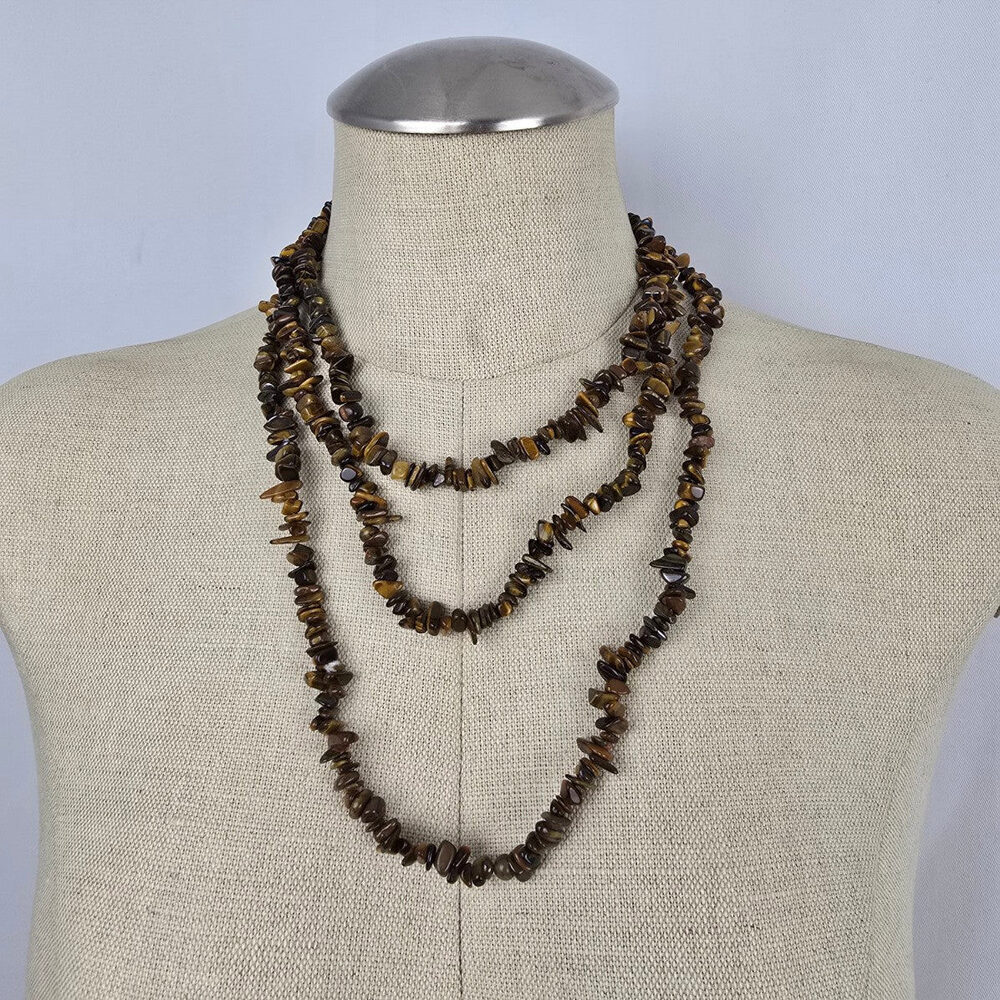 Tiger Eye Chip Necklace Long Strand Natural Stone Brown Gold Boho Layering